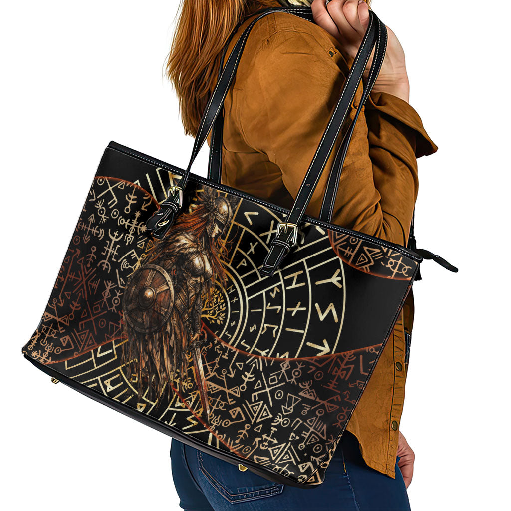 Viking Shieldmaiden and Yggdrasil Leather Tote Bag Norse Rune Circle Mythology Illustration