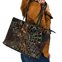 Viking Shieldmaiden and Yggdrasil Leather Tote Bag Norse Rune Circle Mythology Illustration