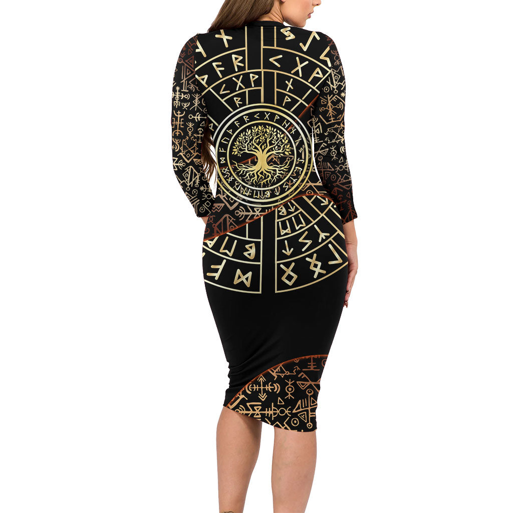 Viking Shieldmaiden and Yggdrasil Long Sleeve Bodycon Dress Norse Rune Circle Mythology Illustration