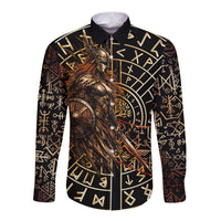 Viking Shieldmaiden and Yggdrasil Long Sleeve Button Shirt Norse Rune Circle Mythology Illustration