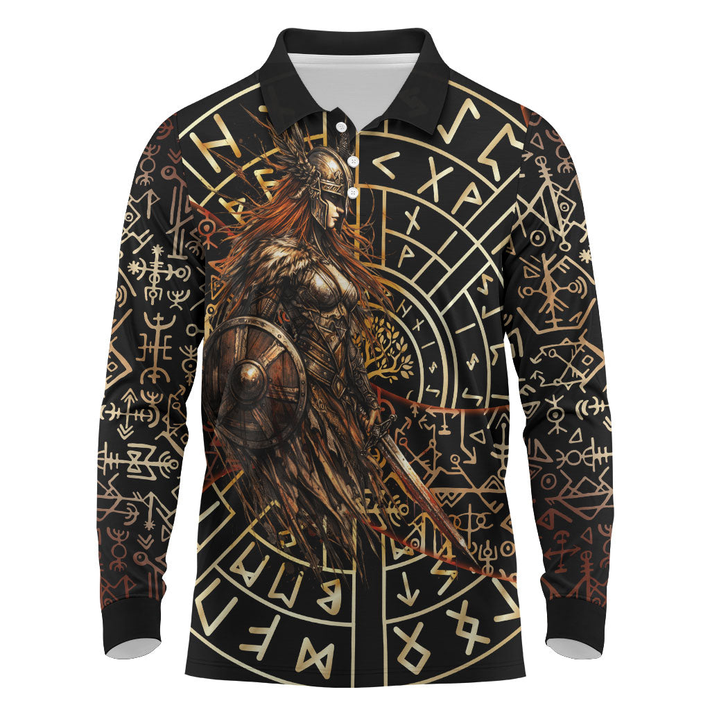 Viking Shieldmaiden and Yggdrasil Long Sleeve Polo Shirt Norse Rune Circle Mythology Illustration