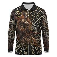 Viking Shieldmaiden and Yggdrasil Long Sleeve Polo Shirt Norse Rune Circle Mythology Illustration