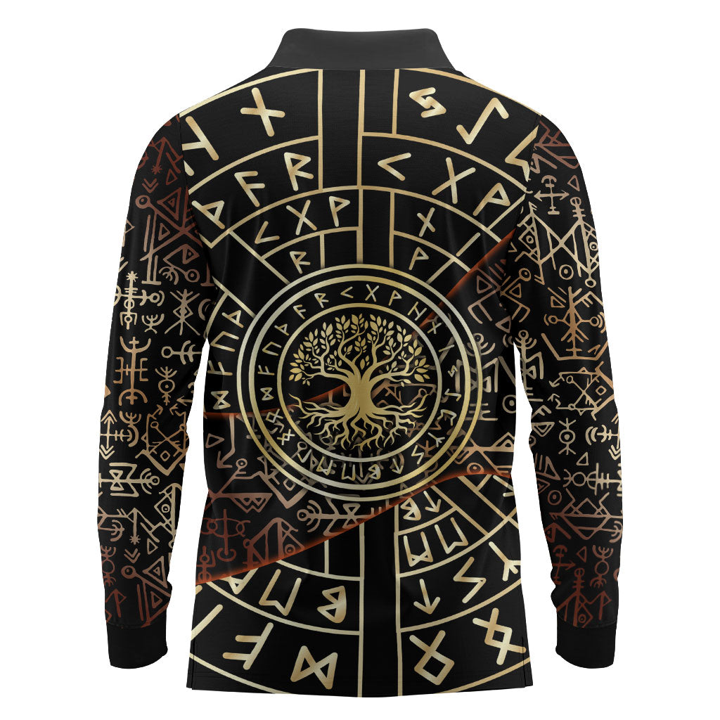 Viking Shieldmaiden and Yggdrasil Long Sleeve Polo Shirt Norse Rune Circle Mythology Illustration