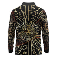 Viking Shieldmaiden and Yggdrasil Long Sleeve Polo Shirt Norse Rune Circle Mythology Illustration