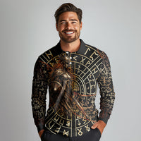 Viking Shieldmaiden and Yggdrasil Long Sleeve Polo Shirt Norse Rune Circle Mythology Illustration