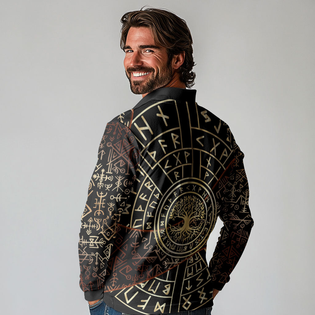 Viking Shieldmaiden and Yggdrasil Long Sleeve Polo Shirt Norse Rune Circle Mythology Illustration