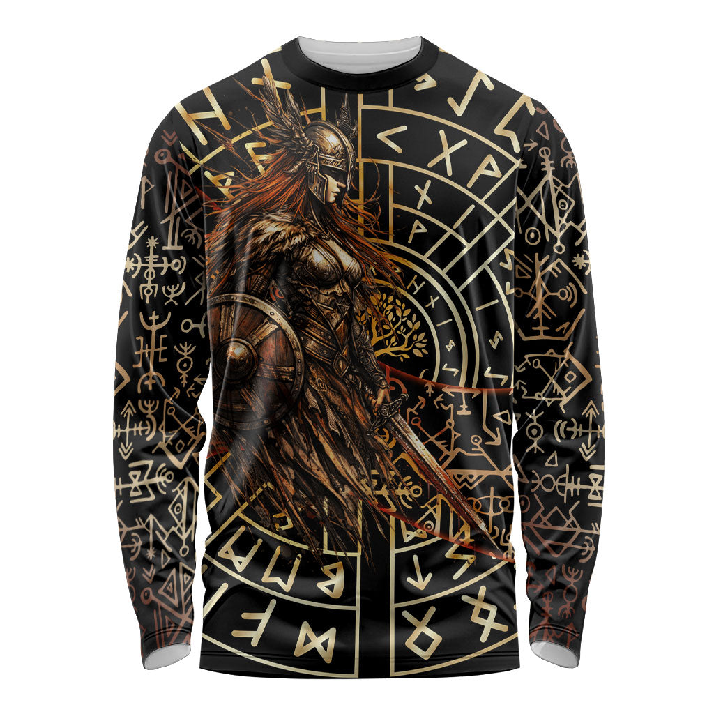 Viking Shieldmaiden and Yggdrasil Long Sleeve Shirt Norse Rune Circle Mythology Illustration