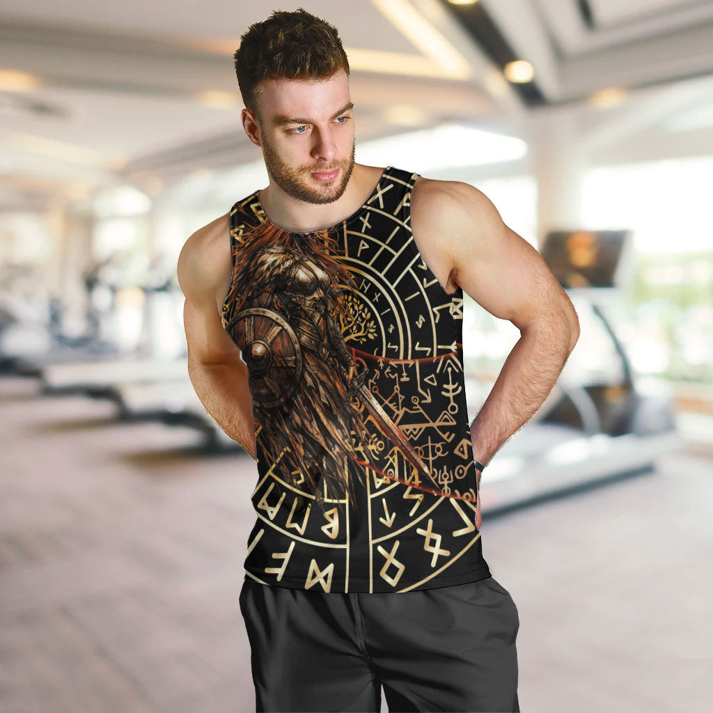 Viking Shieldmaiden and Yggdrasil Men Tank Top Norse Rune Circle Mythology Illustration