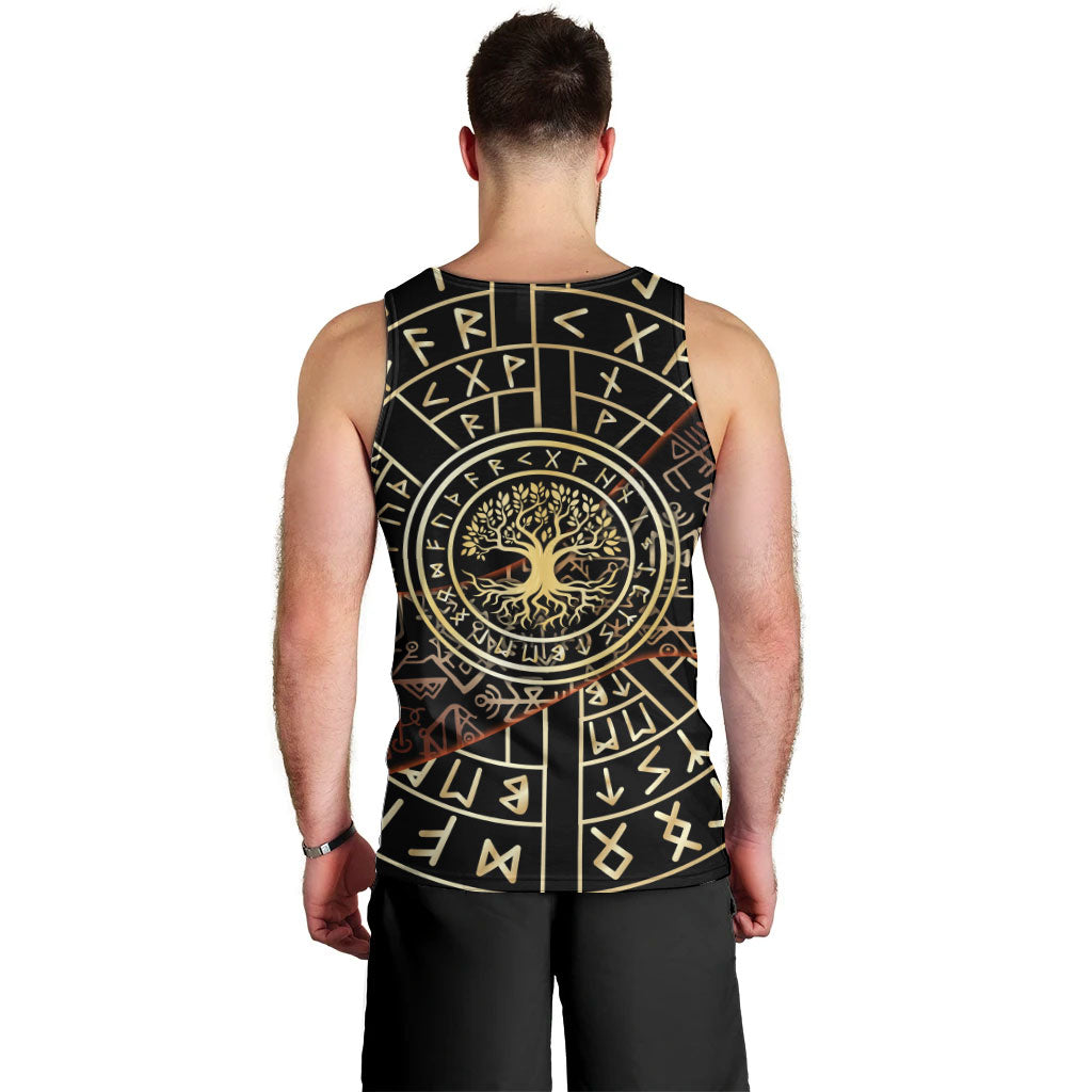 Viking Shieldmaiden and Yggdrasil Men Tank Top Norse Rune Circle Mythology Illustration