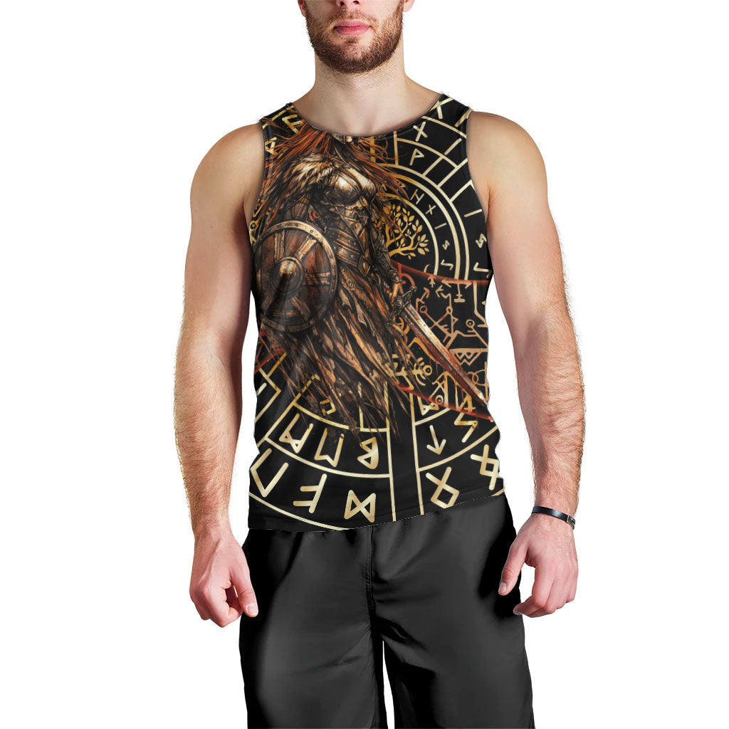 Viking Shieldmaiden and Yggdrasil Men Tank Top Norse Rune Circle Mythology Illustration