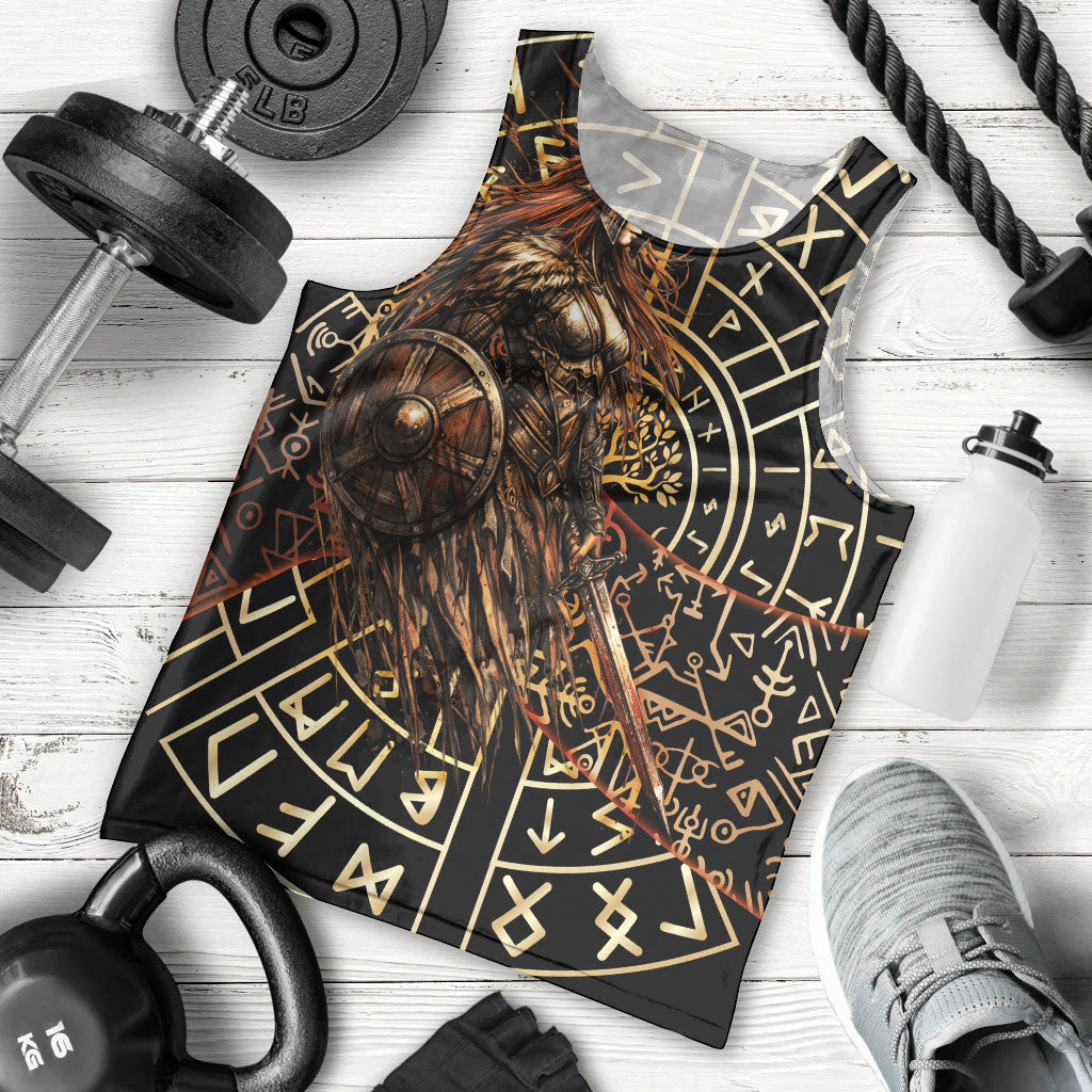 Viking Shieldmaiden and Yggdrasil Men Tank Top Norse Rune Circle Mythology Illustration