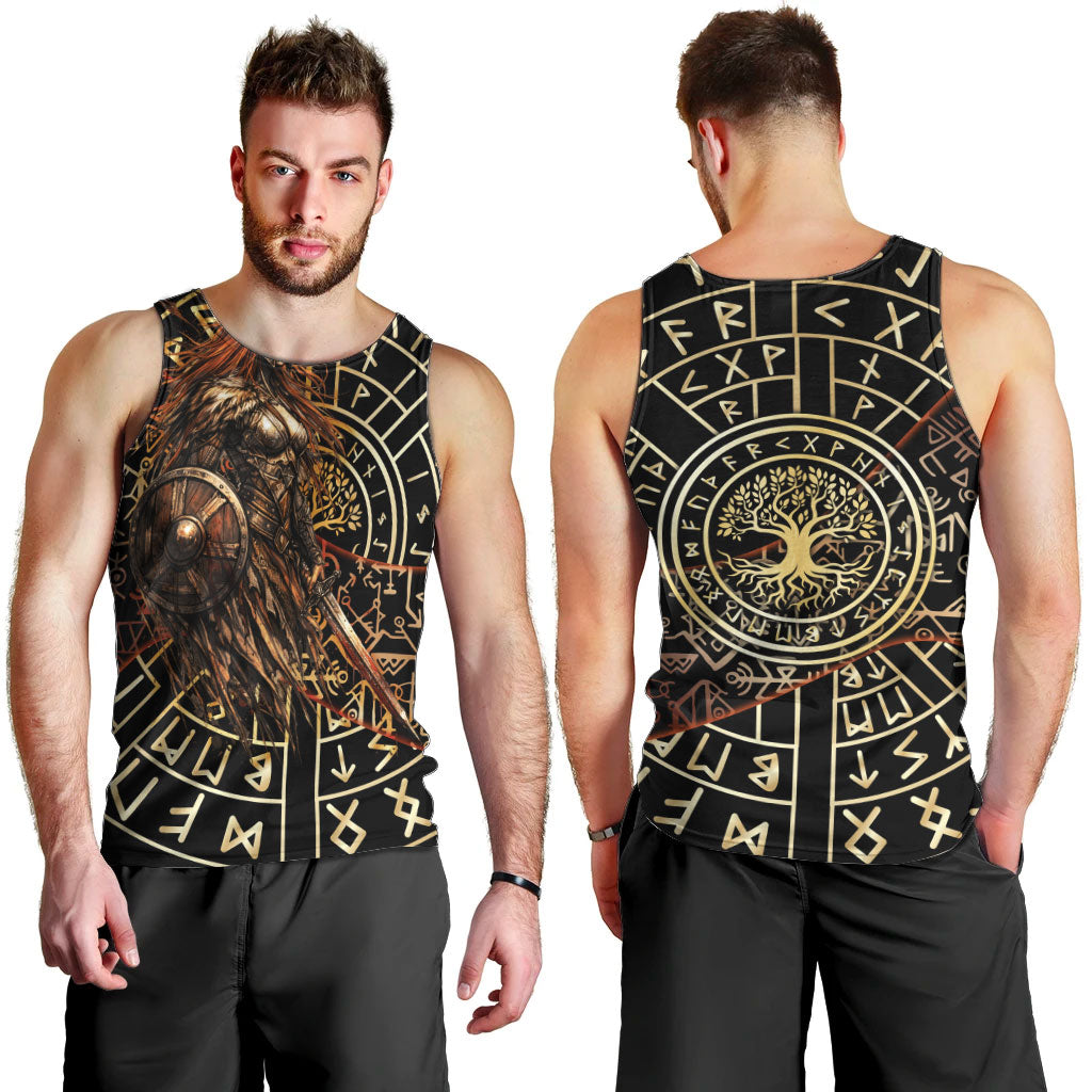 Viking Shieldmaiden and Yggdrasil Men Tank Top Norse Rune Circle Mythology Illustration