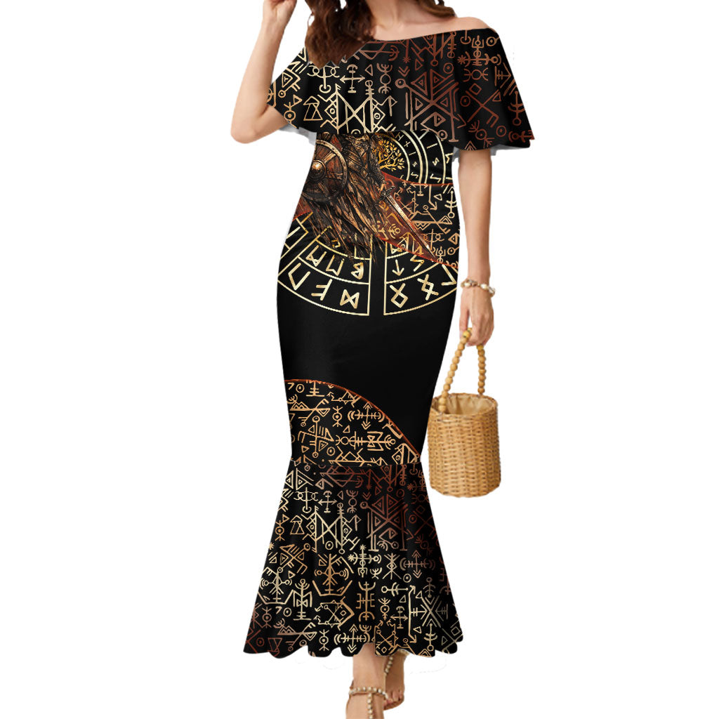 Viking Shieldmaiden and Yggdrasil Mermaid Dress Norse Rune Circle Mythology Illustration