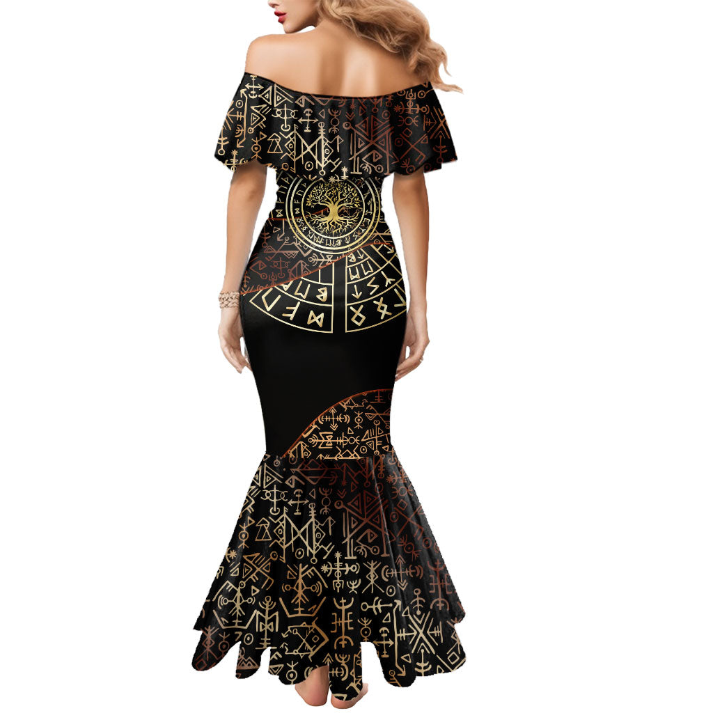 Viking Shieldmaiden and Yggdrasil Mermaid Dress Norse Rune Circle Mythology Illustration
