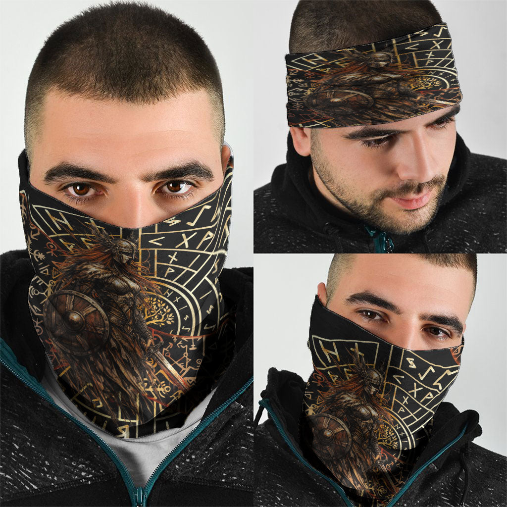 Viking Shieldmaiden and Yggdrasil Neck Gaiter Norse Rune Circle Mythology Illustration