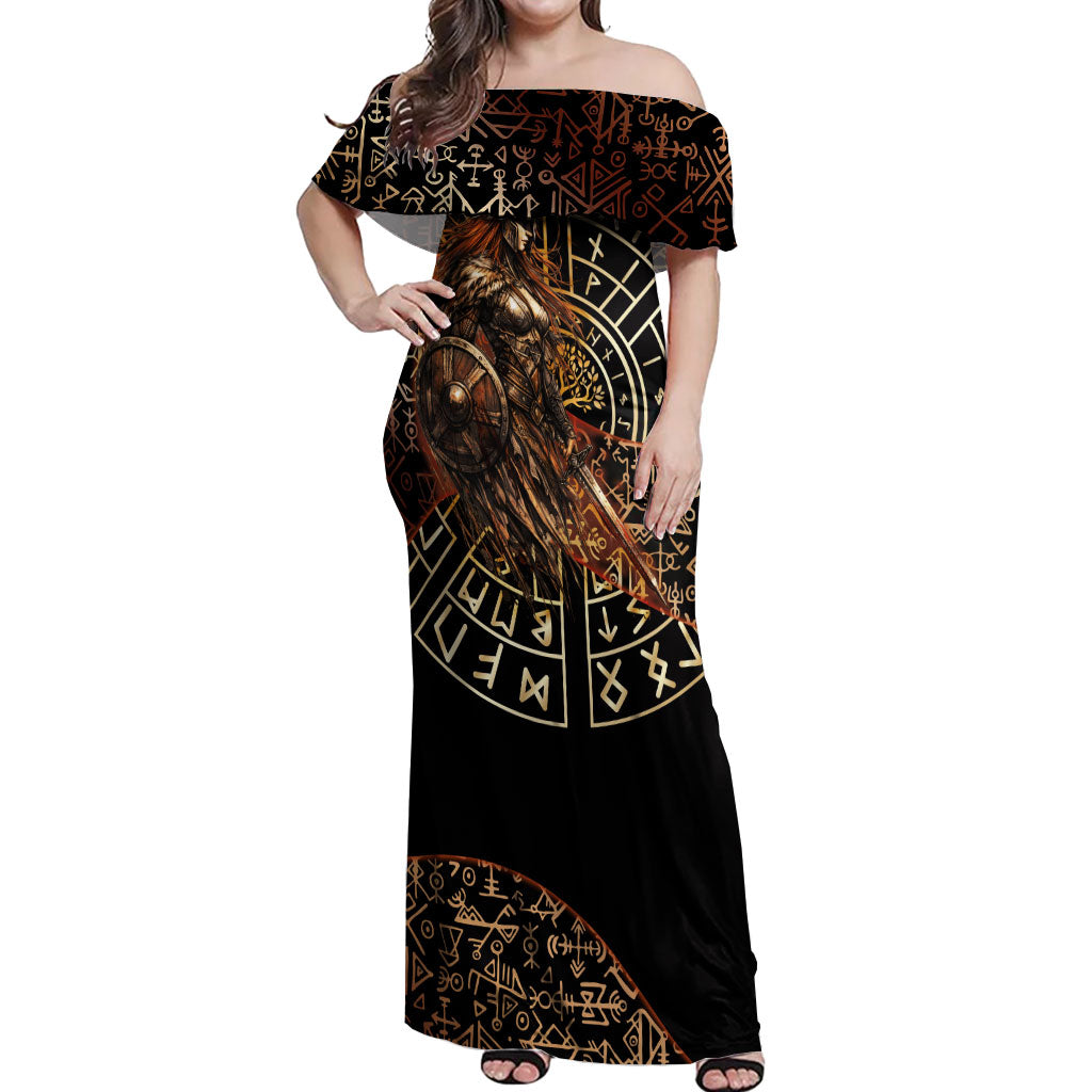 Viking Shieldmaiden and Yggdrasil Off Shoulder Maxi Dress Norse Rune Circle Mythology Illustration