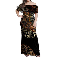 Viking Shieldmaiden and Yggdrasil Off Shoulder Maxi Dress Norse Rune Circle Mythology Illustration