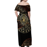 Viking Shieldmaiden and Yggdrasil Off Shoulder Maxi Dress Norse Rune Circle Mythology Illustration