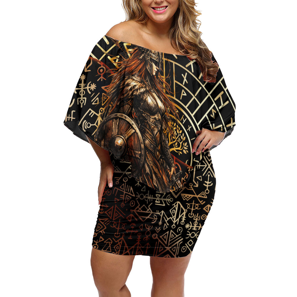 Viking Shieldmaiden and Yggdrasil Off Shoulder Short Dress Norse Rune Circle Mythology Illustration