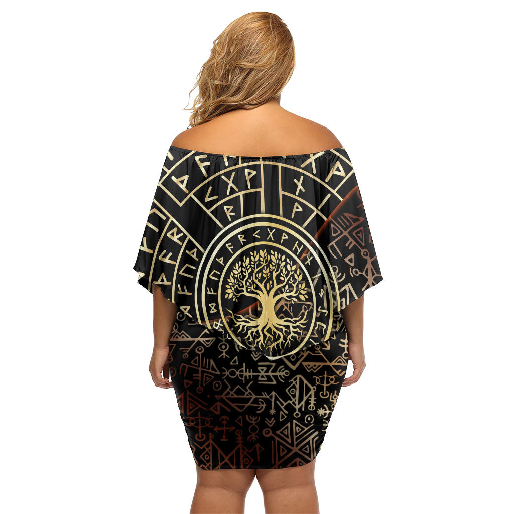 Viking Shieldmaiden and Yggdrasil Off Shoulder Short Dress Norse Rune Circle Mythology Illustration