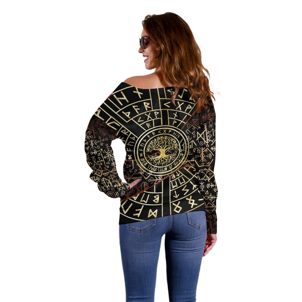 Viking Shieldmaiden and Yggdrasil Off Shoulder Sweater Norse Rune Circle Mythology Illustration