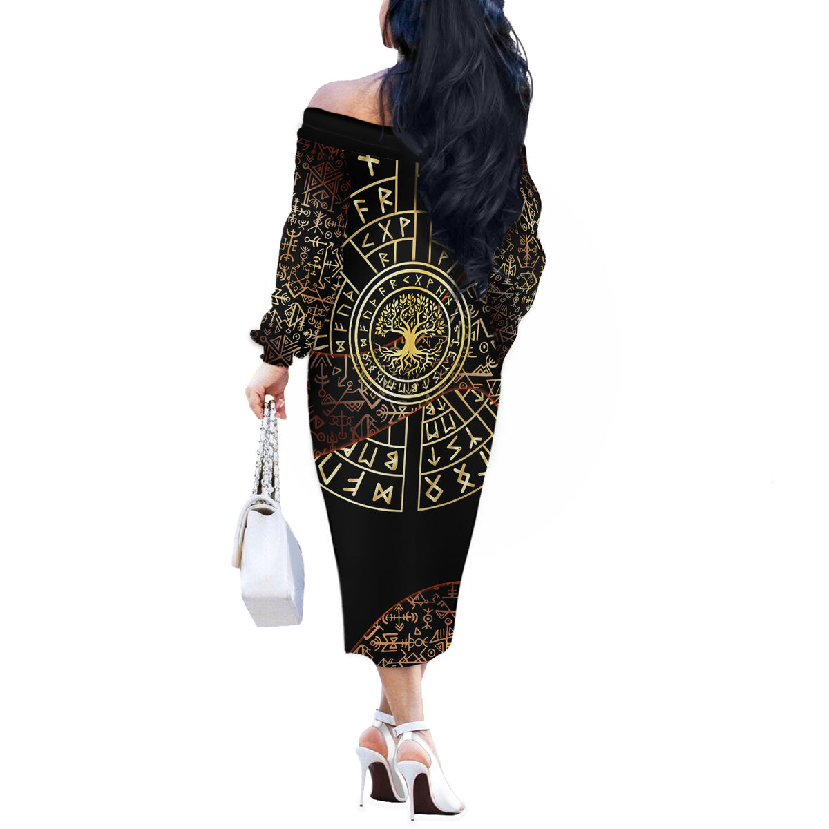 Viking Shieldmaiden and Yggdrasil Off The Shoulder Long Sleeve Dress Norse Rune Circle Mythology Illustration