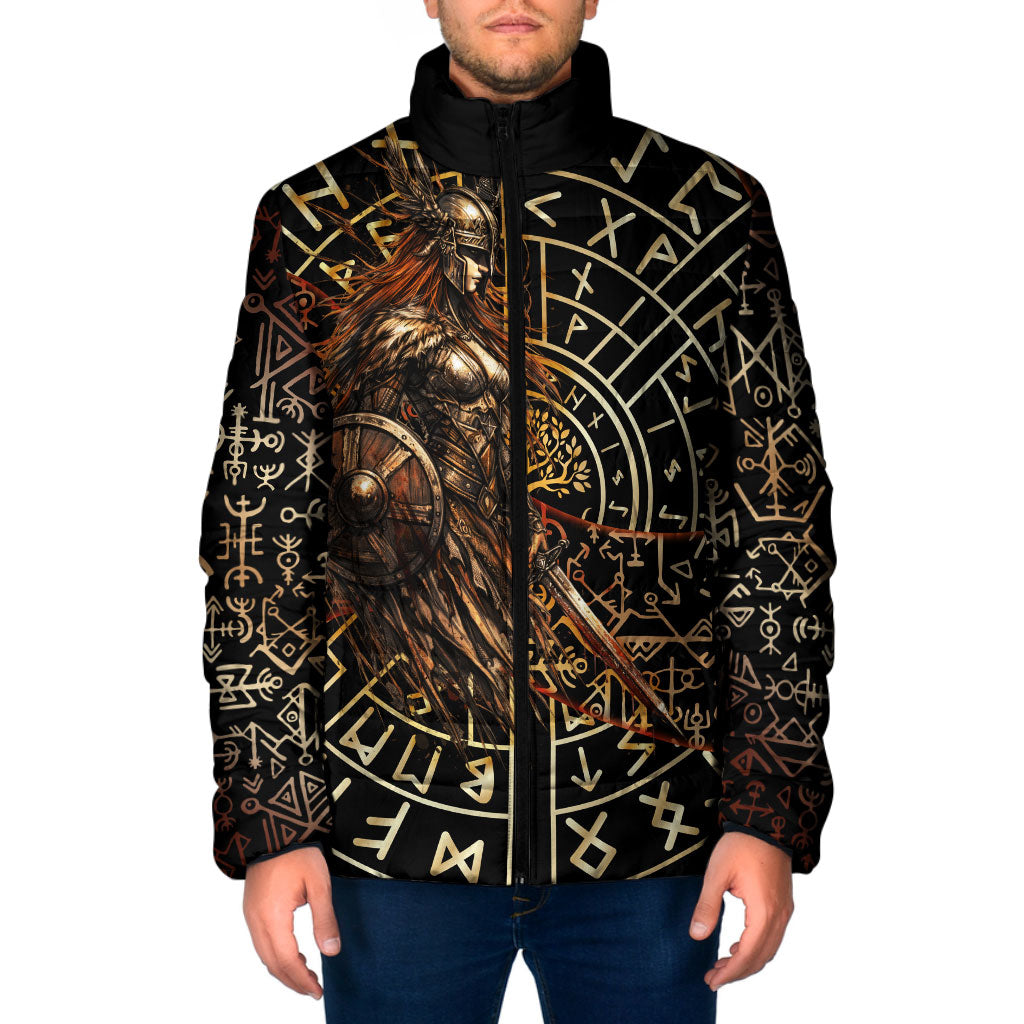 Viking Shieldmaiden and Yggdrasil Padded Jacket Norse Rune Circle Mythology Illustration