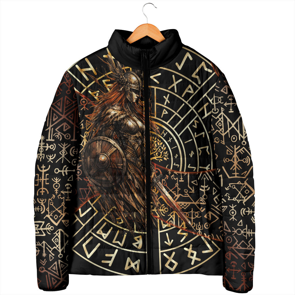 Viking Shieldmaiden and Yggdrasil Padded Jacket Norse Rune Circle Mythology Illustration