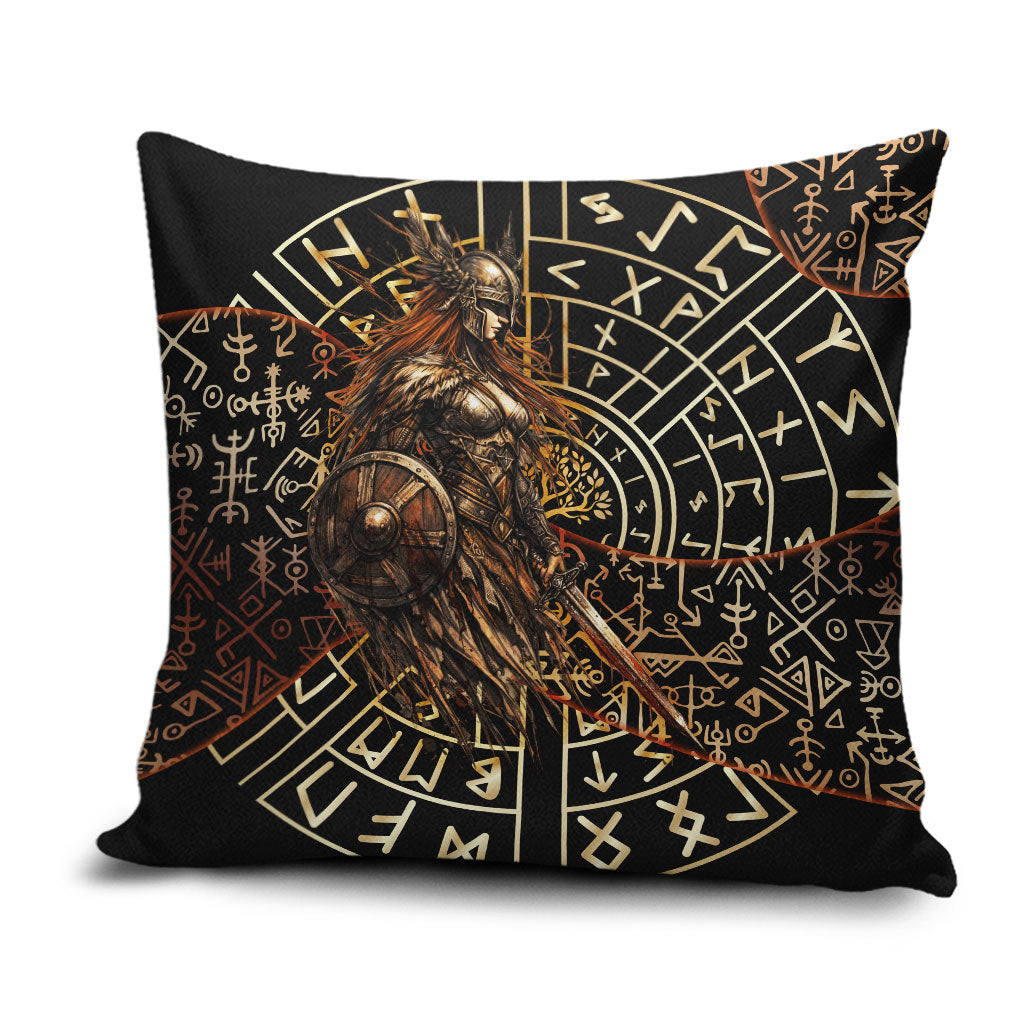 Viking Shieldmaiden and Yggdrasil Pillow Cover Norse Rune Circle Mythology Illustration