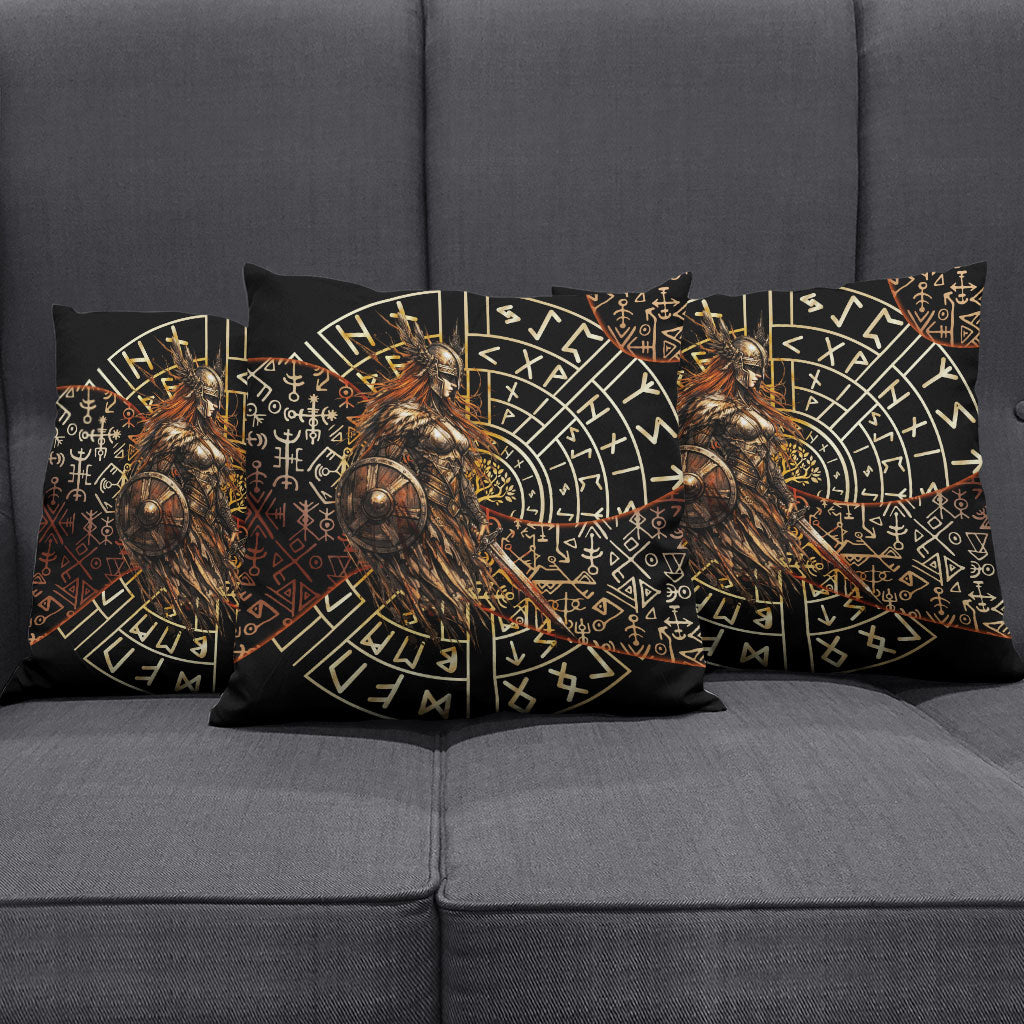 Viking Shieldmaiden and Yggdrasil Pillow Cover Norse Rune Circle Mythology Illustration
