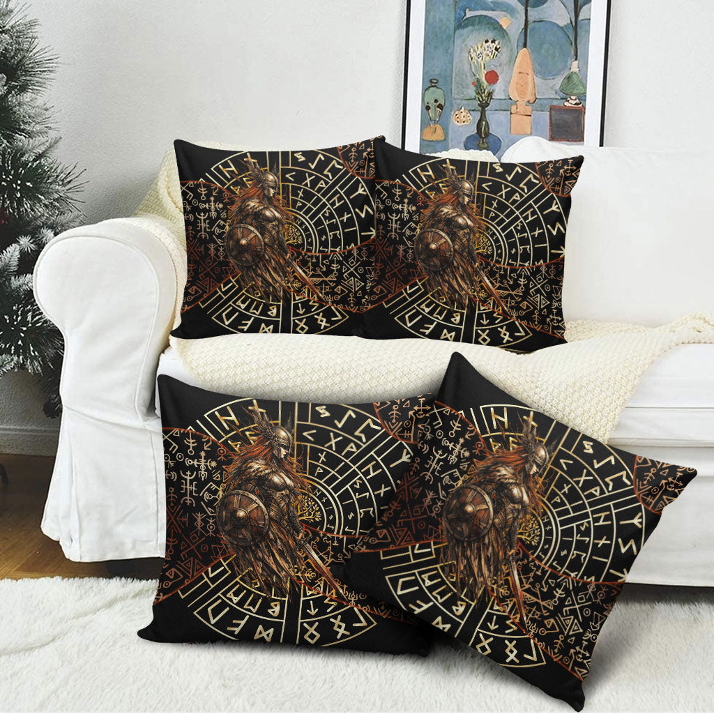 Viking Shieldmaiden and Yggdrasil Pillow Cover Norse Rune Circle Mythology Illustration