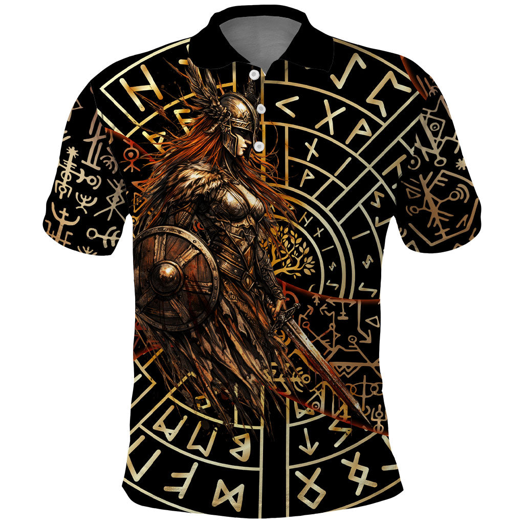 Viking Shieldmaiden and Yggdrasil Polo Shirt Norse Rune Circle Mythology Illustration