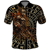Viking Shieldmaiden and Yggdrasil Polo Shirt Norse Rune Circle Mythology Illustration