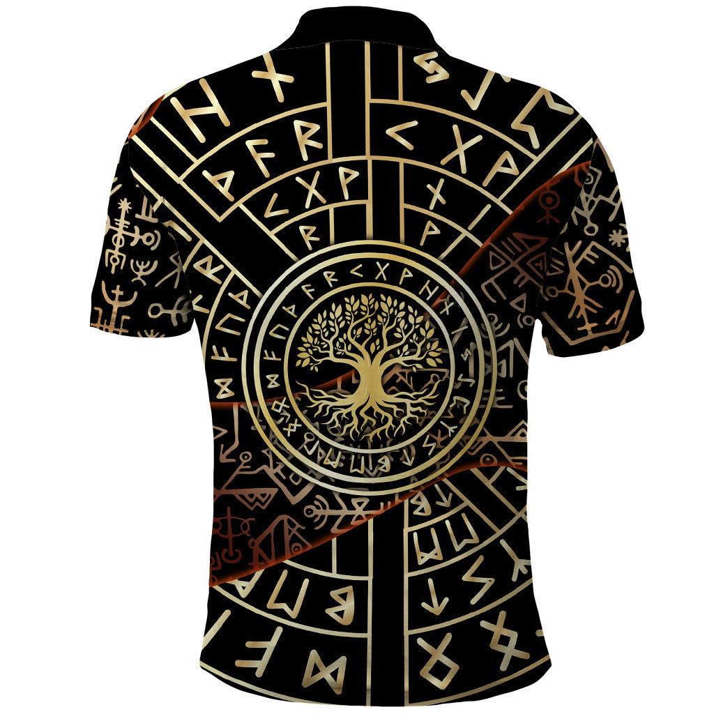 Viking Shieldmaiden and Yggdrasil Polo Shirt Norse Rune Circle Mythology Illustration