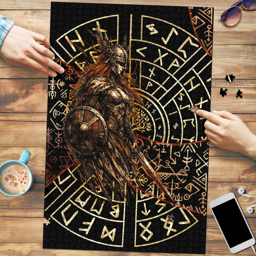 Viking Shieldmaiden and Yggdrasil Puzzle Norse Rune Circle Mythology Illustration