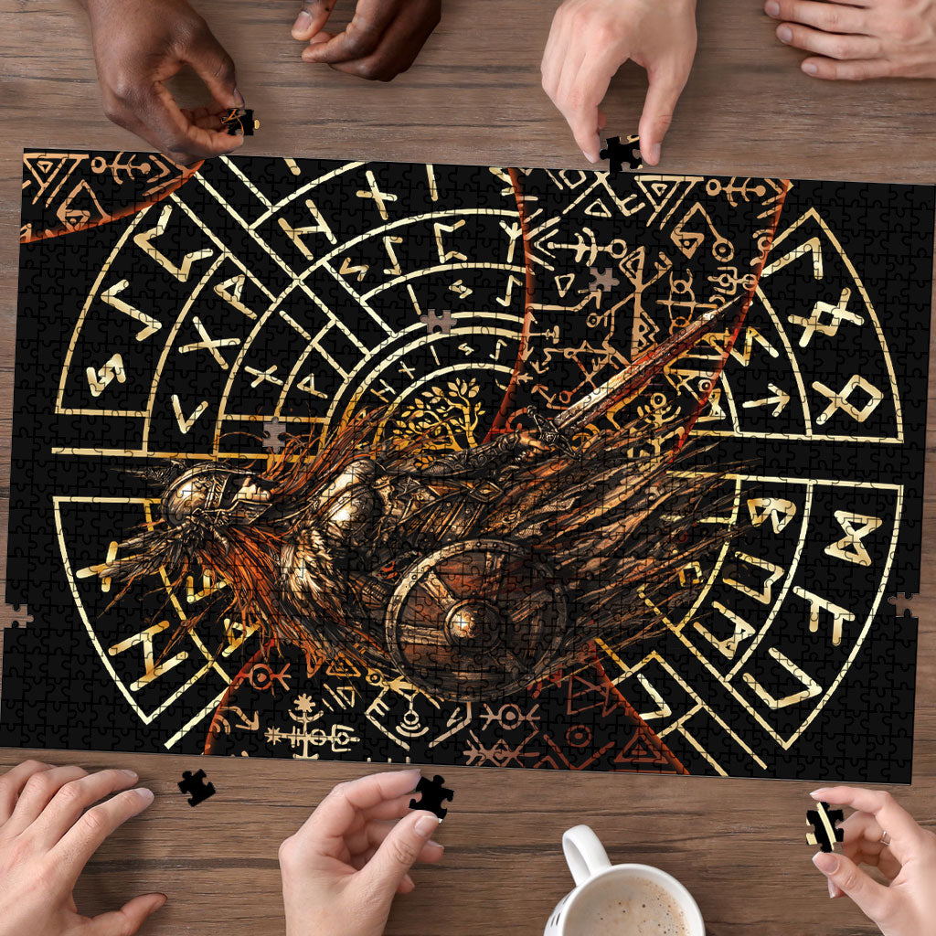 Viking Shieldmaiden and Yggdrasil Puzzle Norse Rune Circle Mythology Illustration