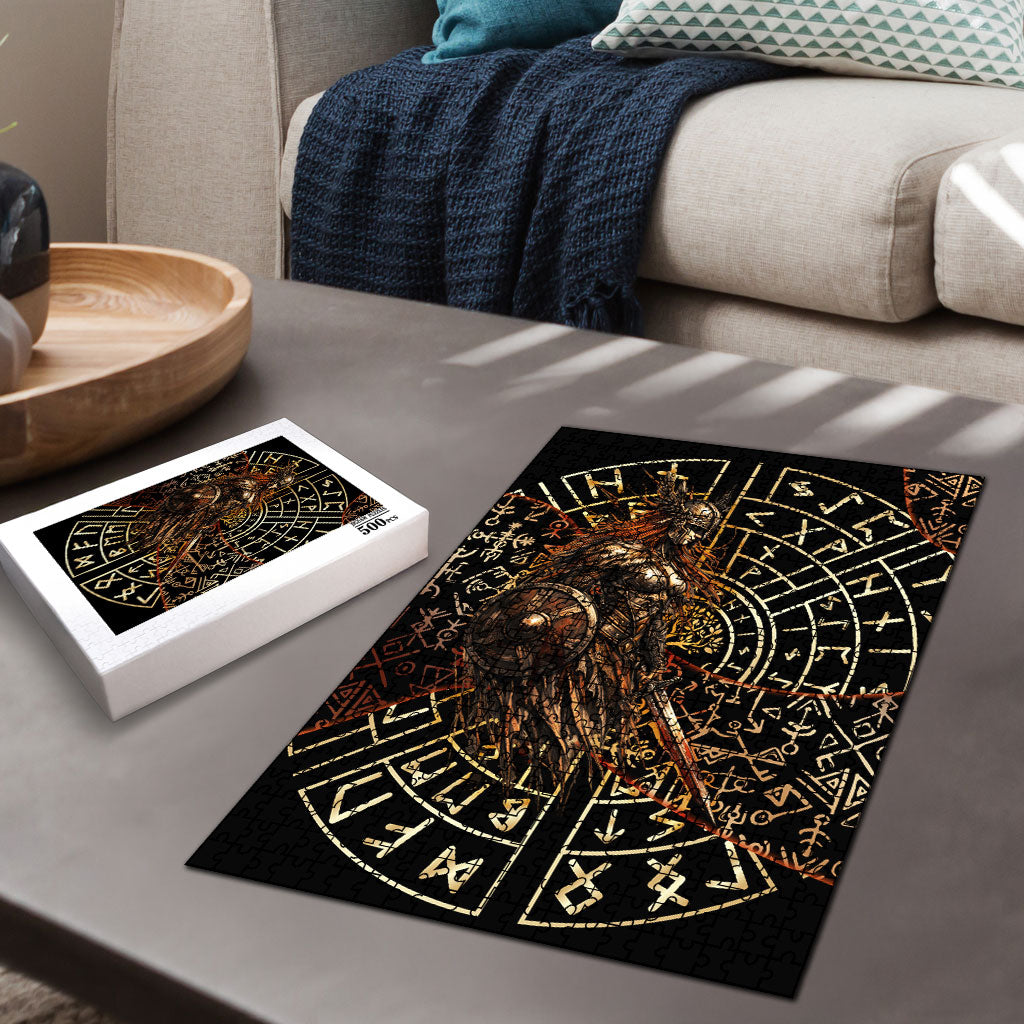 Viking Shieldmaiden and Yggdrasil Puzzle Norse Rune Circle Mythology Illustration