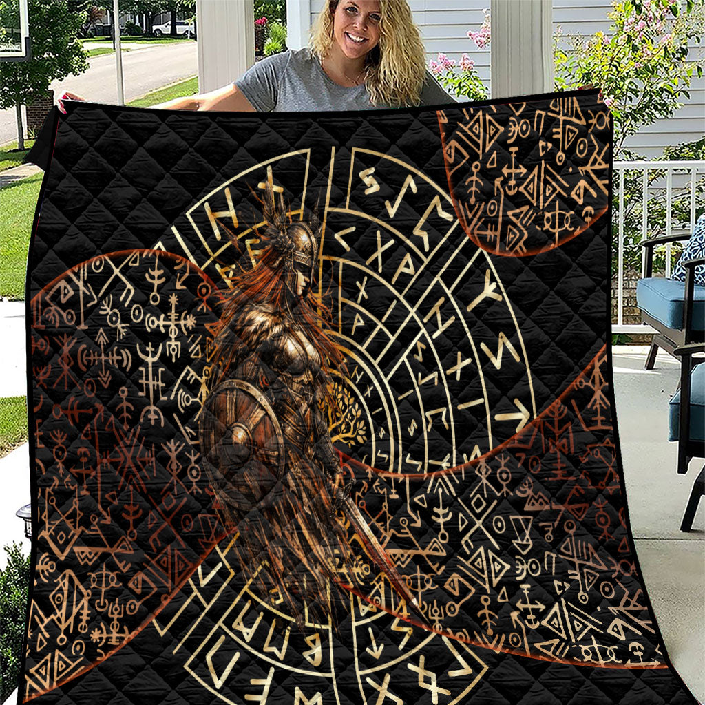 Viking Shieldmaiden and Yggdrasil Quilt Norse Rune Circle Mythology Illustration