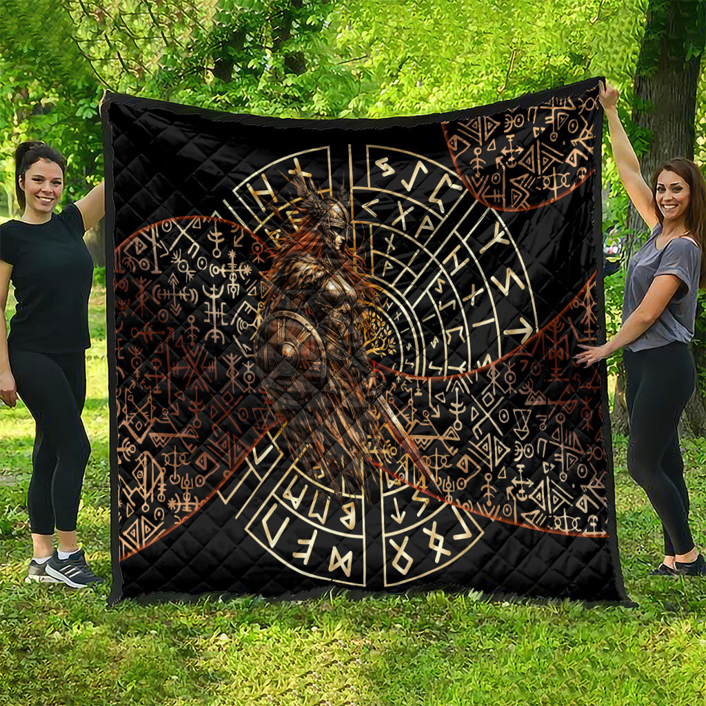 Viking Shieldmaiden and Yggdrasil Quilt Norse Rune Circle Mythology Illustration