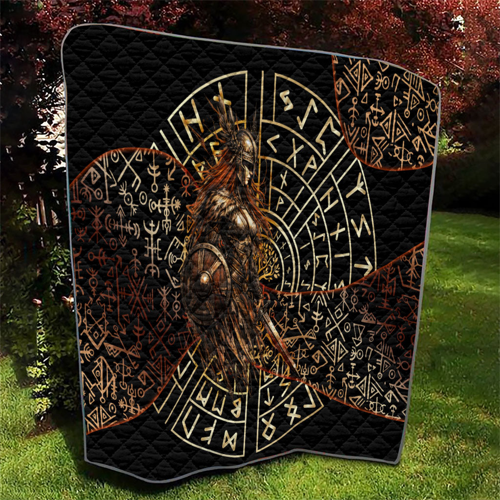 Viking Shieldmaiden and Yggdrasil Quilt Norse Rune Circle Mythology Illustration