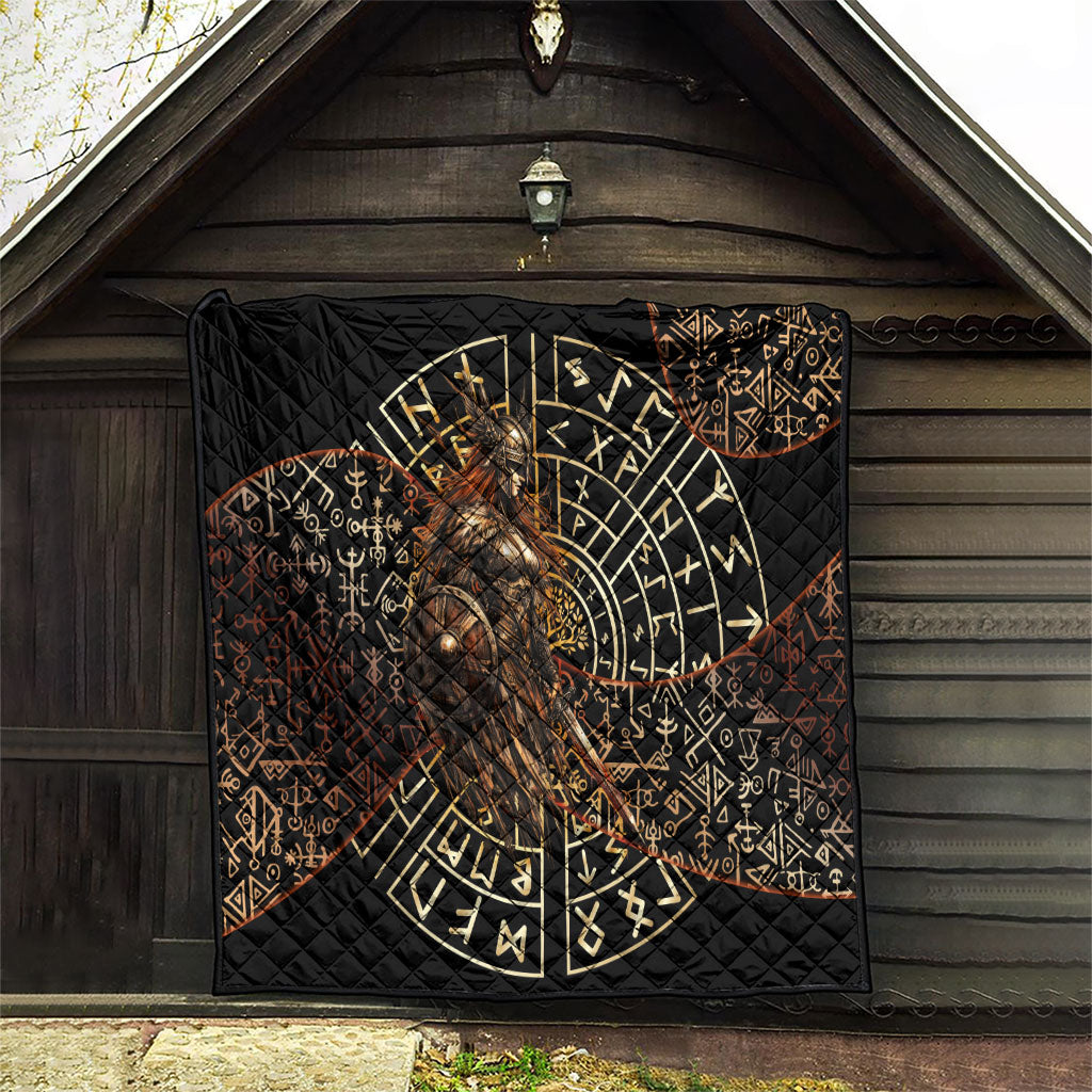 Viking Shieldmaiden and Yggdrasil Quilt Norse Rune Circle Mythology Illustration