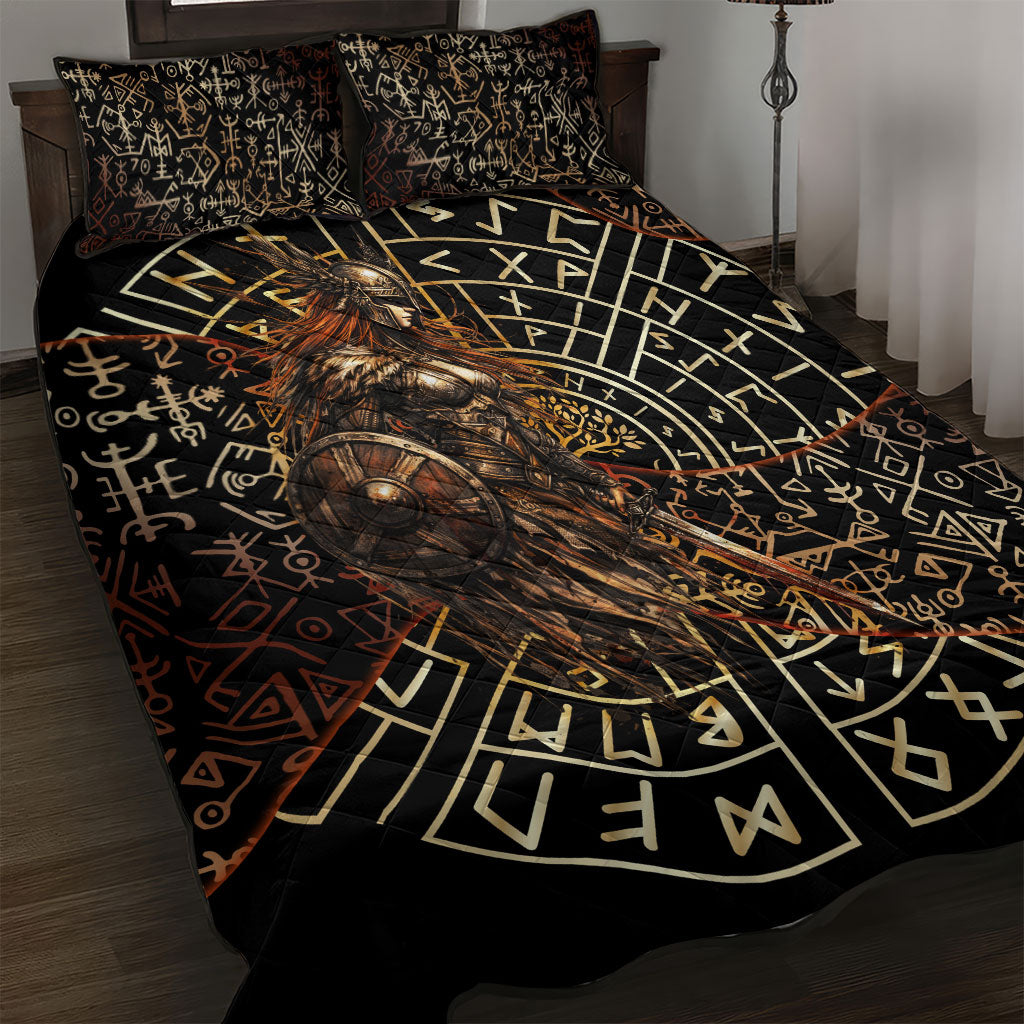 Viking Shieldmaiden and Yggdrasil Quilt Bed Set Norse Rune Circle Mythology Illustration