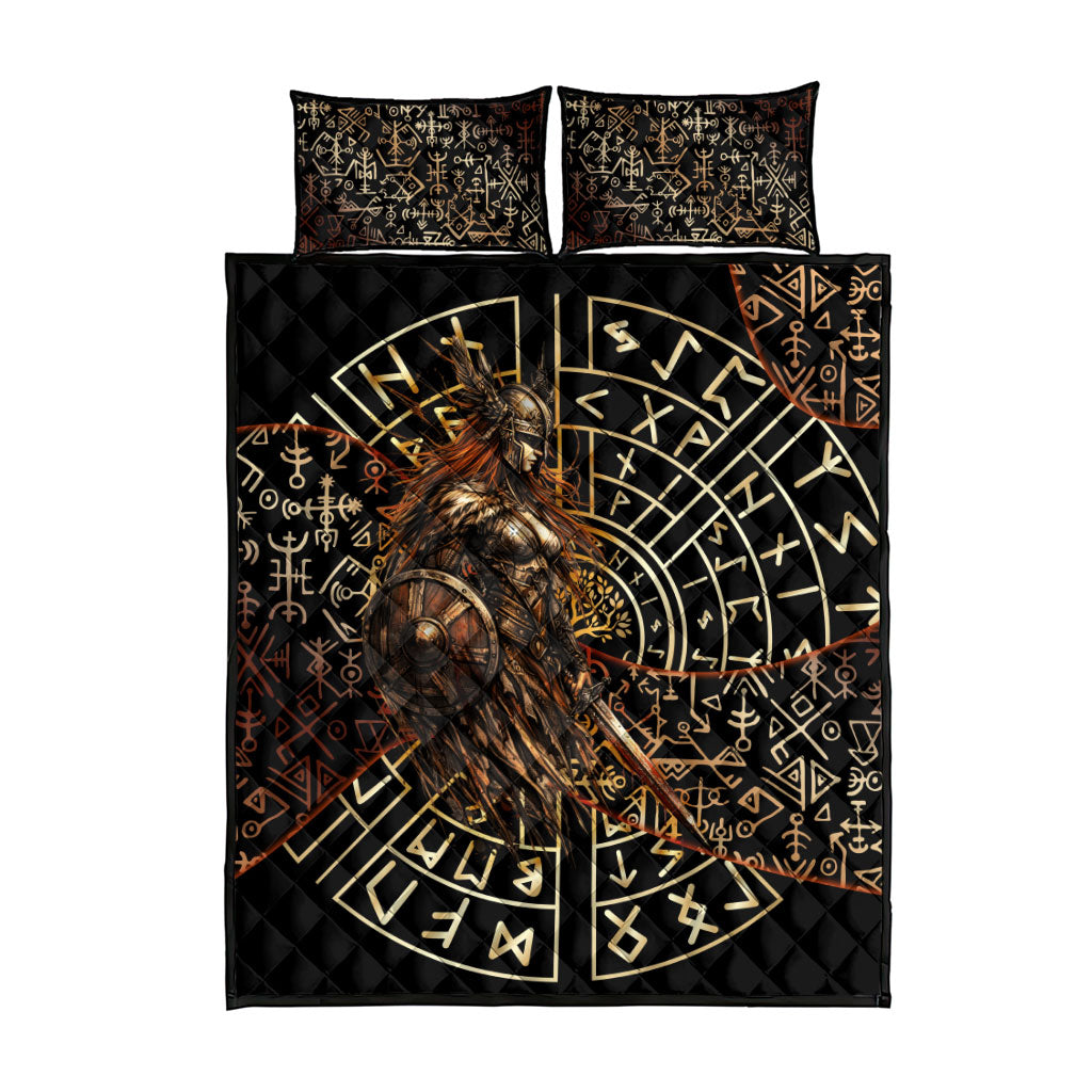 Viking Shieldmaiden and Yggdrasil Quilt Bed Set Norse Rune Circle Mythology Illustration
