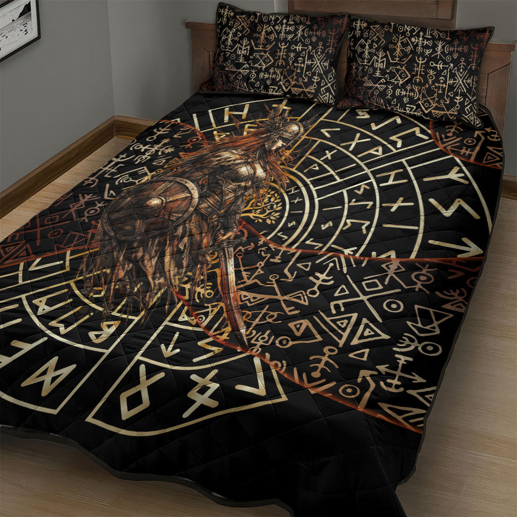 Viking Shieldmaiden and Yggdrasil Quilt Bed Set Norse Rune Circle Mythology Illustration