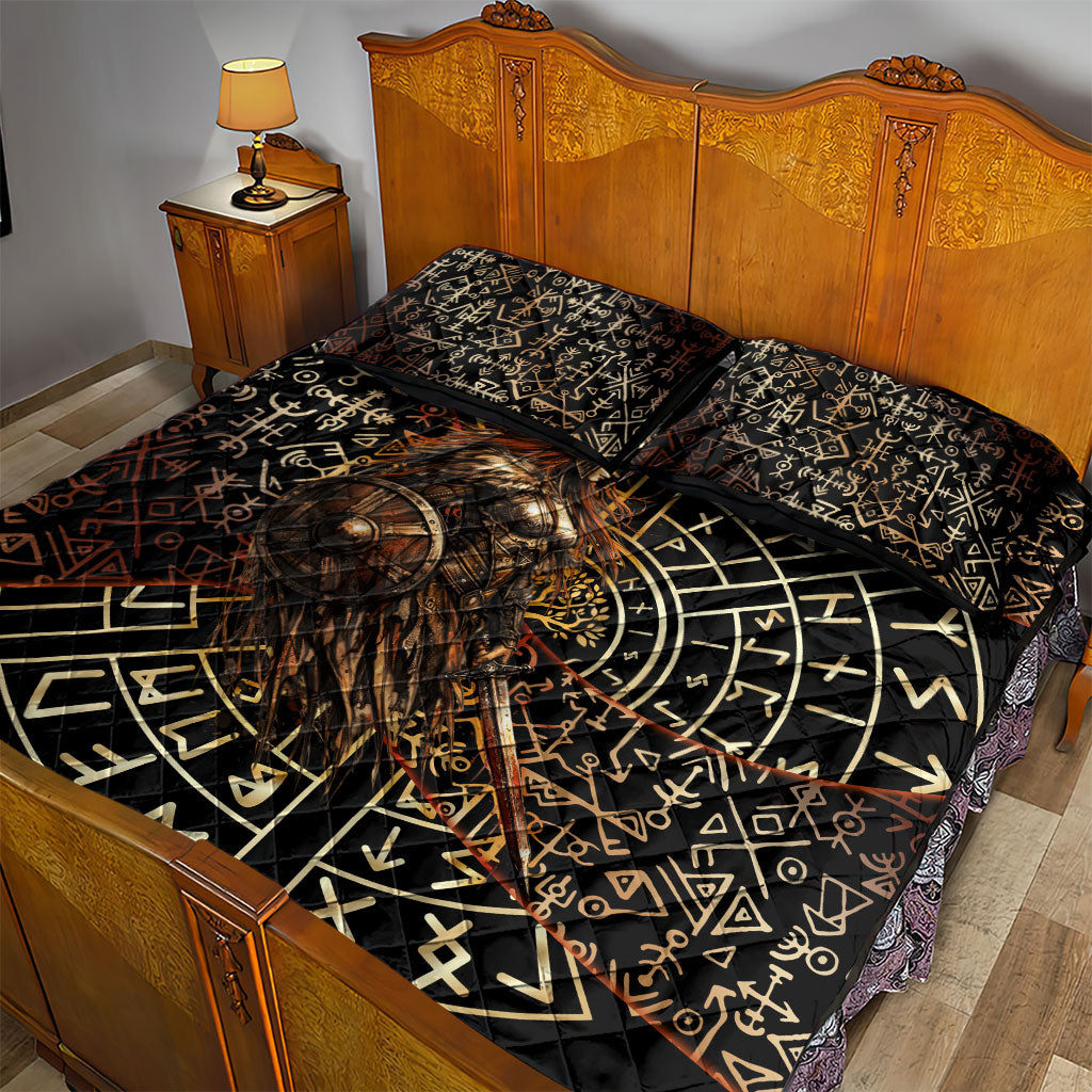 Viking Shieldmaiden and Yggdrasil Quilt Bed Set Norse Rune Circle Mythology Illustration