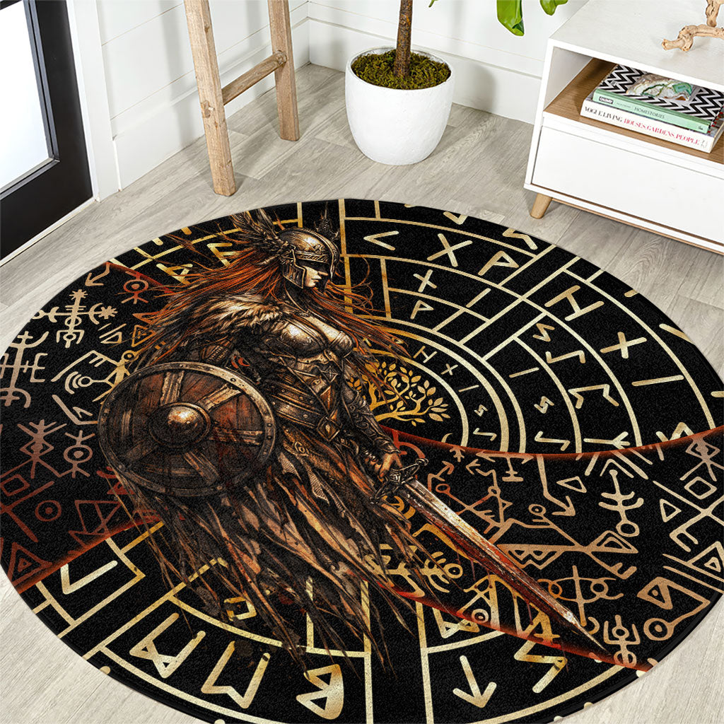 Viking Shieldmaiden and Yggdrasil Round Carpet Norse Rune Circle Mythology Illustration