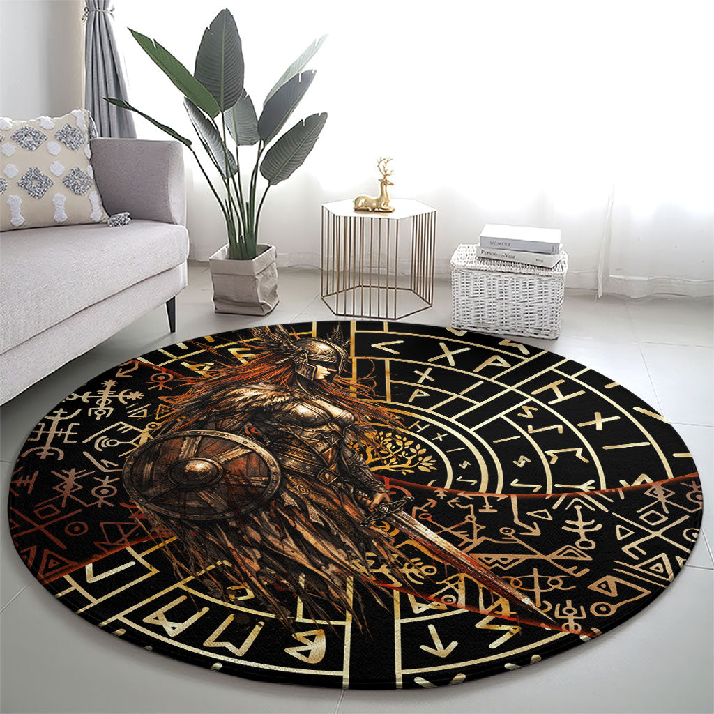 Viking Shieldmaiden and Yggdrasil Round Carpet Norse Rune Circle Mythology Illustration