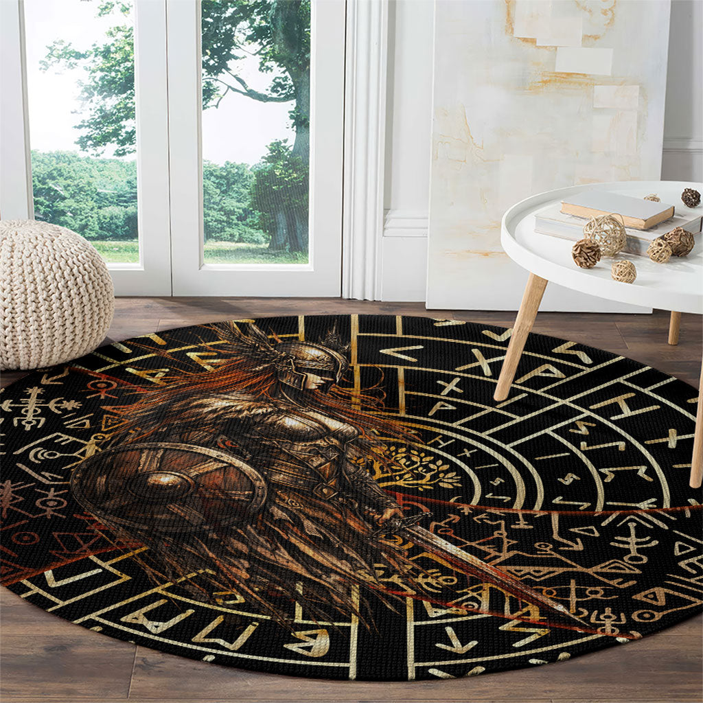 Viking Shieldmaiden and Yggdrasil Round Carpet Norse Rune Circle Mythology Illustration