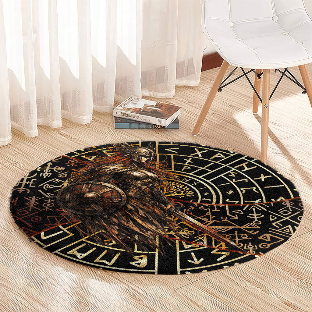 Viking Shieldmaiden and Yggdrasil Round Carpet Norse Rune Circle Mythology Illustration