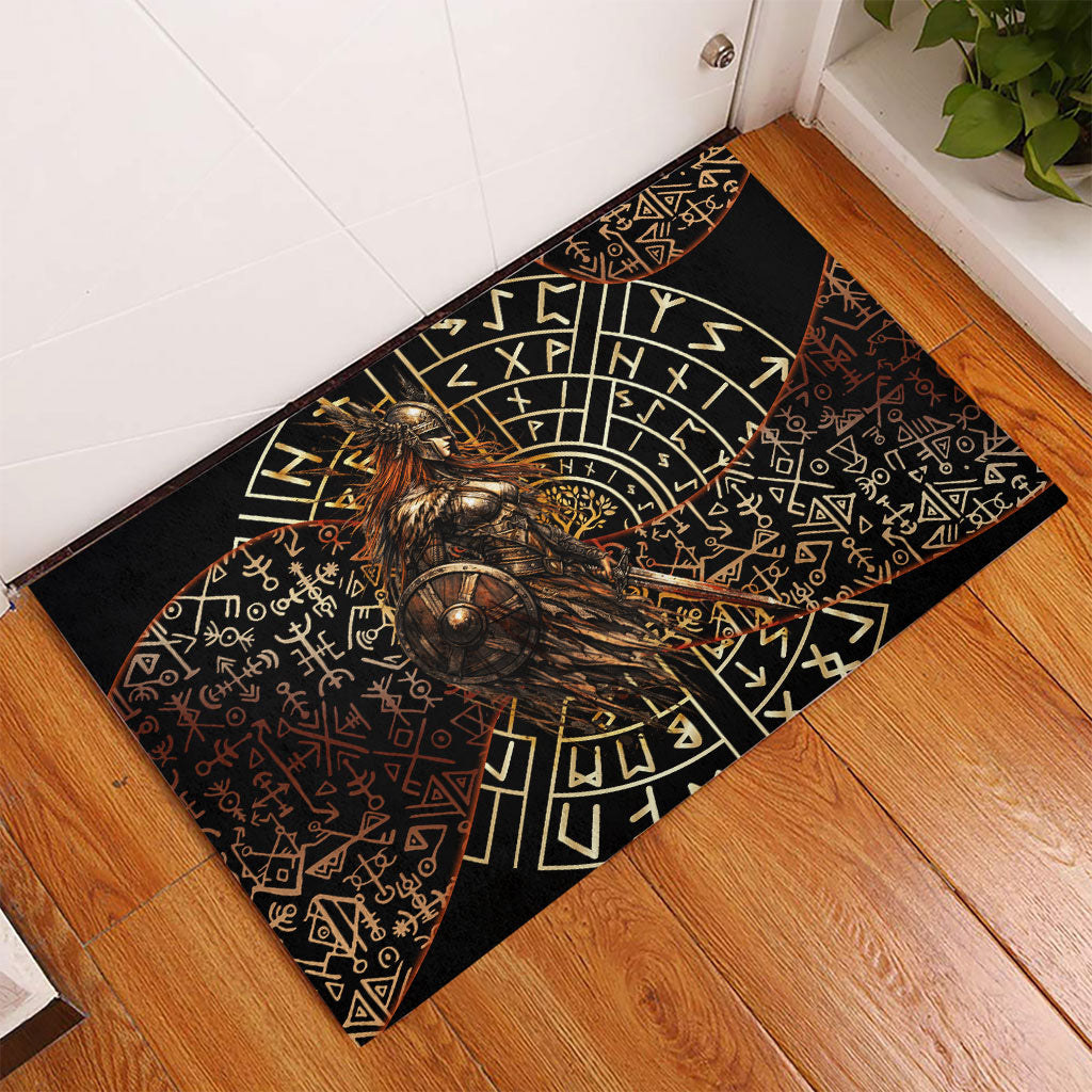 Viking Shieldmaiden and Yggdrasil Rubber Doormat Norse Rune Circle Mythology Illustration